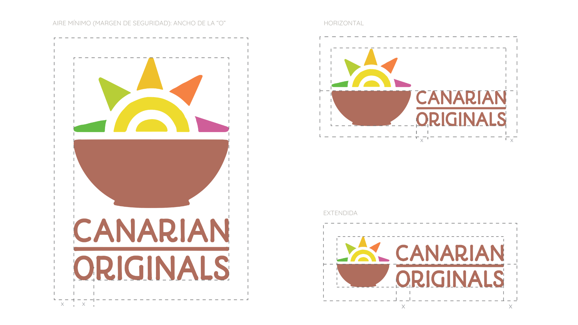 Construcción de marca de Canarian Originals: retícula de seguridad, versiones vertical, horizontal y horizontal extendida