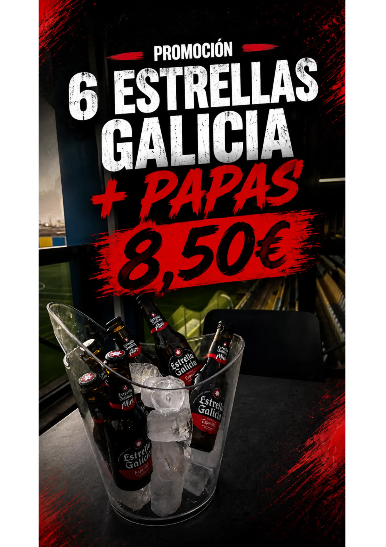 Cartel promocional: 6 Estrella Galicia + papas 8,50 €